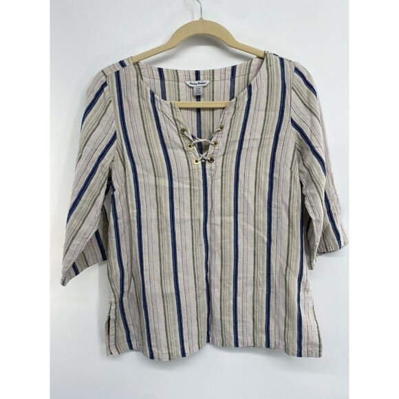 Tommy Bahama large linen blend top stripe Silver Metallic Boho 3/4 SLEEVE LACE - Picture 1 of 4